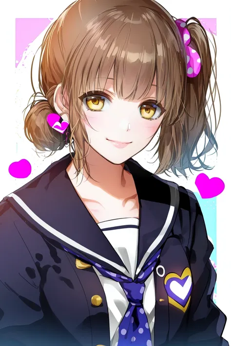 ichigestyle, 1girl, solo, brown hair, heart, hair ornament, school uniform, side ponytail, smile, looking at viewer, neckerchief, upper body, heart hair ornament, cardigan, sailor collar, serafuku, black sailor collar, bangs, yellow eyes, closed mouth, long hair, brown eyes, purple neckerchief, striped background, collarbone, striped, polka dot, star (symbol)