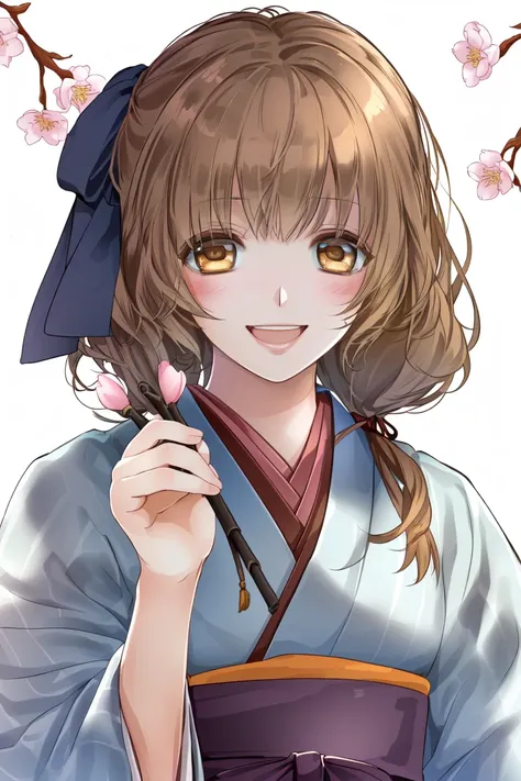 ichigestyle, 1girl, brown hair, solo, long hair, japanese clothes, smile, open mouth, hair ribbon, ribbon, kimono, looking at viewer, brown eyes, holding, cherry blossoms, one side up, blush, upper body