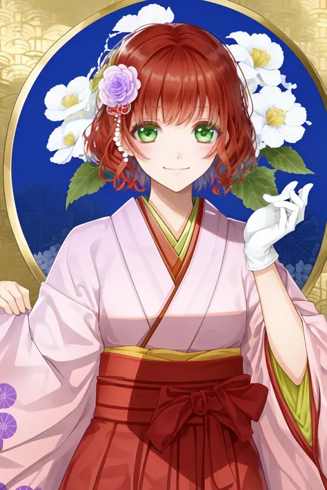 ichigestyle, 1girl, japanese clothes, green eyes, yagasuri, gloves, smile, kimono, flower, short hair, white gloves, brown hair, hair ornament, floral background, looking at viewer, hair flower, solo focus, hakama, red hair, hakama skirt, out of frame, asa no ha (pattern)