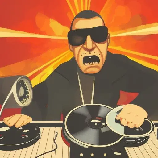 vlozhkin angry Russian DJ in sunglasses turns vinyl records in a discoclub, grammophone, Russian village, vlozhkin detailed man's face, vlozhkin style, illustration, art
