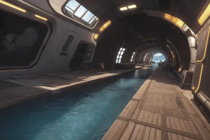 best quality, masterpiece, 4k, details, (futuristic:1.2), academy, water feature path, shallow water, stripes of shallow water, infinite walkways, massive open space, (modern:1.2), realistic, game CG, walkway, color coordinated, <lora:ff8bg:0.8>, ff8bg