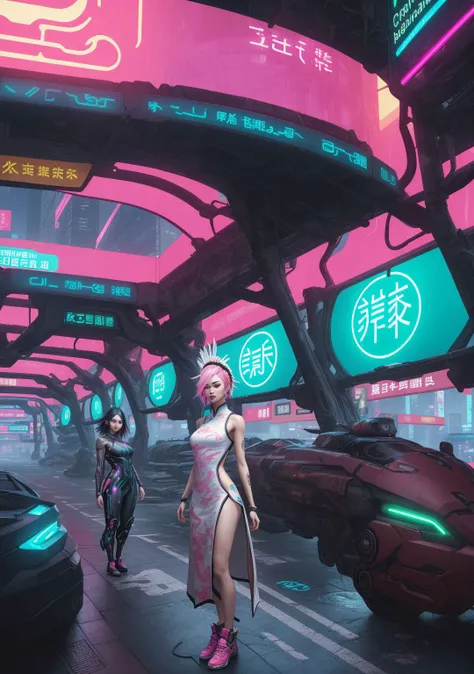 chinese clothes,neon,1 girl,chinese clothes,in white and pink,cyberpunk city,dynamic pose,headdress,hair ornament,cyberpunk,a high-tech city,full of machinery and futuristic element,futurism,technology,outdoors,standing,short hair,(portrait:1.1),china dress,<lora:FF8BG:0.8>, ff8bg,