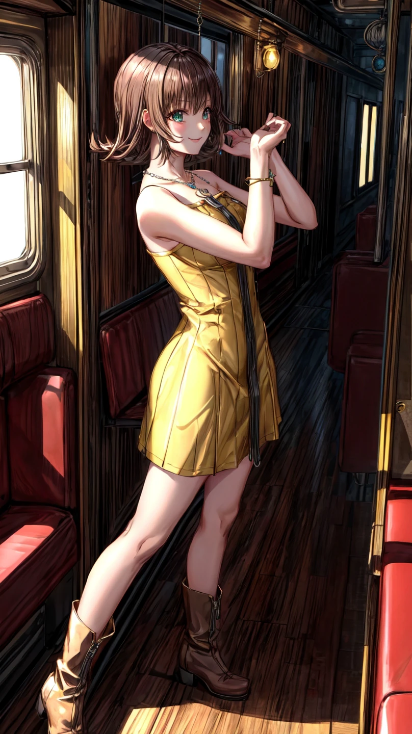 (masterpiece, best quality, 8K),wallpaper,Selphie Tilmitt,necklace,yellow dress,boots,smile,in the steam train,looking out of window,side view,<lora:selphie-nvwls-v1-final:0.9>,<lora:add_detail:1>,<lora:FF8BG:0.4>,ff8bg,
