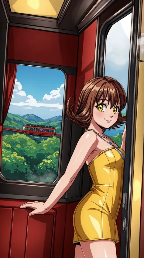 (masterpiece, best quality, 8K),wallpaper,Selphie Tilmitt,necklace,yellow dress,boots,smile,in the steam train,looking out of window,side view,<lora:selphie-nvwls-v1-final:0.9>,<lora:add_detail:1>,<lora:FF8BG:0.4>,ff8bg,