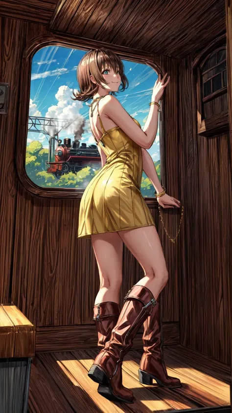 (masterpiece, best quality, 8K),wallpaper,Selphie Tilmitt,necklace,yellow dress,boots,smile,in the steam train,looking out of window,side view,<lora:selphie-nvwls-v1-final:0.9>,<lora:add_detail:1>,<lora:FF8BG:0.4>,ff8bg,