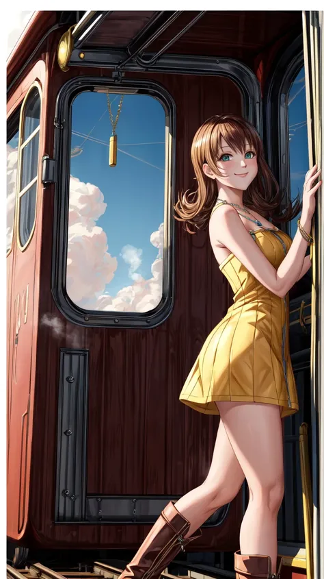 (masterpiece, best quality, 8K),wallpaper,Selphie Tilmitt,necklace,yellow dress,boots,smile,in the steam train,looking out of window,side view,<lora:selphie-nvwls-v1-final:0.9>,<lora:add_detail:1>,<lora:FF8BG:0.4>,ff8bg,