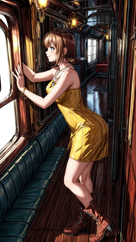 (masterpiece, best quality, 8K),wallpaper,Selphie Tilmitt,necklace,yellow dress,boots,smile,in the steam train,looking out of window,side view,<lora:selphie-nvwls-v1-final:0.9>,<lora:add_detail:1>,<lora:FF8BG:0.4>,ff8bg,