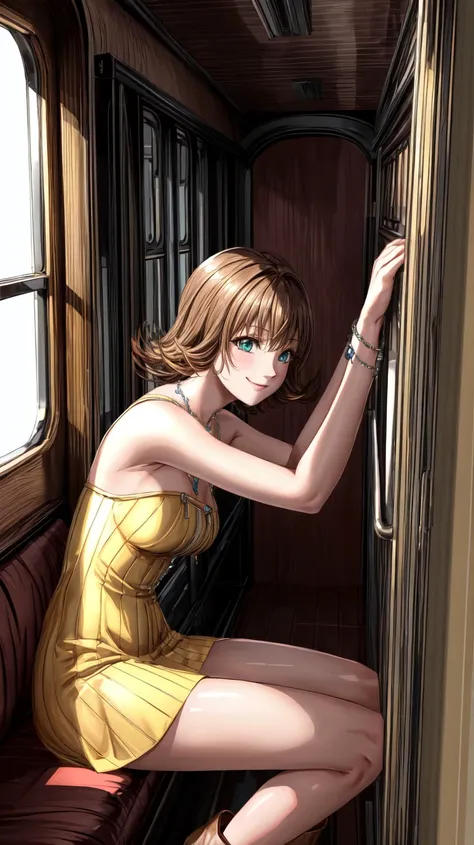 (masterpiece, best quality, 8K),wallpaper,Selphie Tilmitt,necklace,yellow dress,boots,smile,in the steam train,looking out of window,side view,<lora:selphie-nvwls-v1-final:0.9>,<lora:add_detail:1>,<lora:FF8BG:0.4>,ff8bg,white panties,