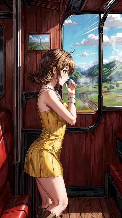 (masterpiece, best quality, 8K),wallpaper,Selphie Tilmitt,necklace,yellow dress,boots,smile,in the steam train,looking out of window,side view,<lora:selphie-nvwls-v1-final:0.9>,<lora:add_detail:1>,<lora:FF8BG:0.4>,ff8bg,