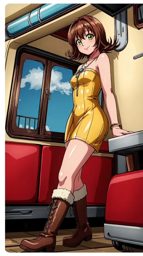 (masterpiece, best quality, 8K),wallpaper,Selphie Tilmitt,necklace,yellow dress,boots,smile,in the steam train,looking out of window,side view,<lora:selphie-nvwls-v1-final:0.9>,<lora:add_detail:1>,<lora:FF8BG:0.4>,ff8bg,