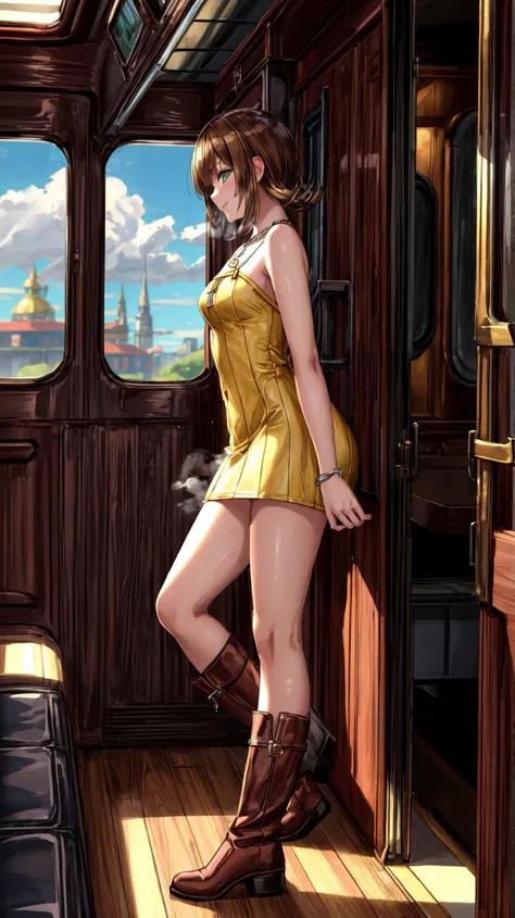 (masterpiece, best quality, 8K),wallpaper,Selphie Tilmitt,necklace,yellow dress,boots,smile,in the steam train,looking out of window,side view,<lora:selphie-nvwls-v1-final:0.9>,<lora:add_detail:1>,<lora:FF8BG:0.4>,ff8bg,