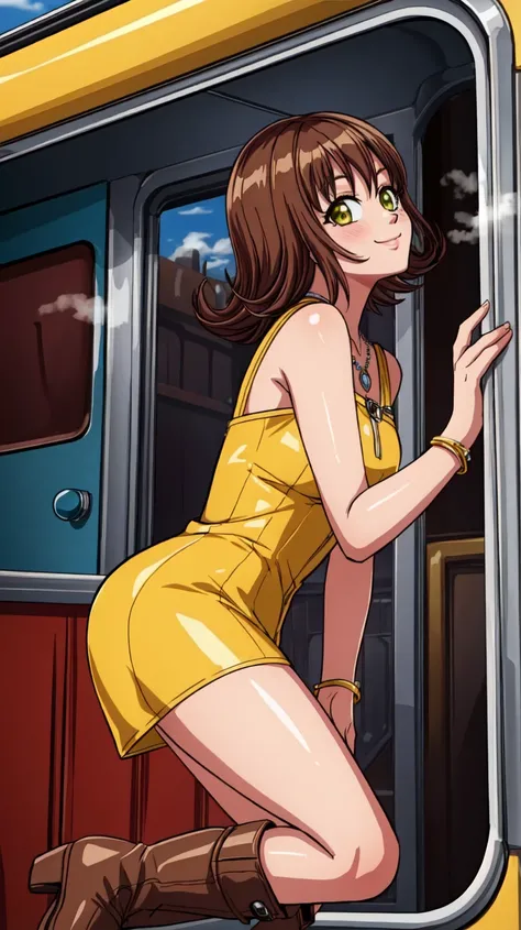 (masterpiece, best quality, 8K),wallpaper,Selphie Tilmitt,necklace,yellow dress,boots,smile,in the steam train,looking out of window,side view,<lora:selphie-nvwls-v1-final:0.9>,<lora:add_detail:1>,<lora:FF8BG:0.4>,ff8bg,