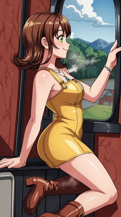 (masterpiece, best quality, 8K),wallpaper,Selphie Tilmitt,necklace,yellow dress,boots,smile,in the steam train,looking out of window,side view,<lora:selphie-nvwls-v1-final:0.9>,<lora:add_detail:1>,<lora:FF8BG:0.4>,ff8bg,