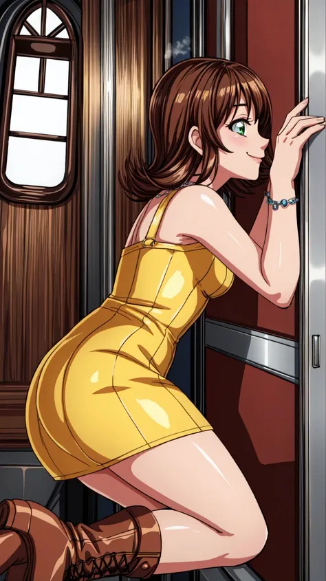 (masterpiece, best quality, 8K),wallpaper,Selphie Tilmitt,necklace,yellow dress,boots,smile,in the steam train,looking out of window,side view,<lora:selphie-nvwls-v1-final:0.9>,<lora:add_detail:1>,<lora:FF8BG:0.4>,ff8bg,