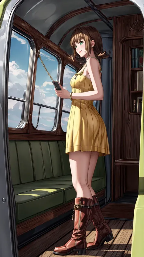 (masterpiece, best quality, 8K),wallpaper,Selphie Tilmitt,necklace,yellow dress,boots,smile,in the steam train,looking out of window,side view,<lora:selphie-nvwls-v1-final:0.9>,<lora:add_detail:1>,<lora:FF8BG:0.4>,ff8bg,