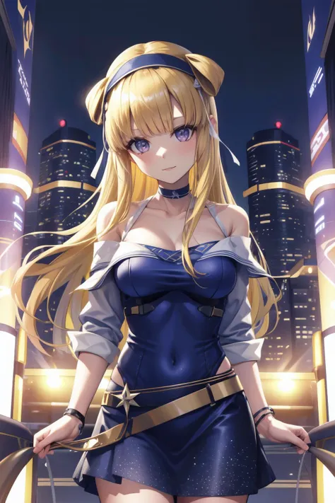 <lora:Fletcher-v0.2:1.0> blond hair, FletcherCasual, (light smile, cowboy shot,:1.3)
white shirt, off-shoulder shirt, blue skirt, blouse, belt, black hairband, garter straps, shopping bag,
<lora:FF8BG:1.0>
(masterpiece, best quality, high resolution, neon, colorful lighting:1.3), (8k resolution wallpaper),
(ff8bg), scenery, science fiction, city, high-tech (cityscape), colorful skyscraper, (advanced holographic billboards),
transparent walkways connecting buildings, glimmering reflections on the sleek glass surfaces,
natural lighting and composition, futuristic, glowing neon colorful lights, colorful futuristic architecture,
<lora:flat2:-0.5>