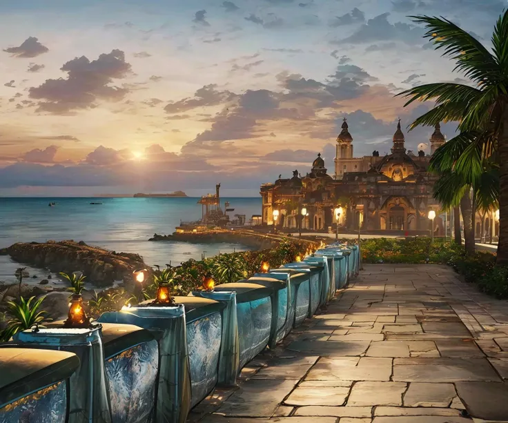 (perfect artwork, masterpiece:1.3), top quality, 8k, digital illustration, (fantasy), sharp focus, inricate, (details), perfect composition <lora:ff8bg-09:1.0>, ff8bg, no humans, outdoors, building, ocean, seaside village, tropical, architecture, sandstone, volumetric lighting, bloom, (scenery), seabreeze, palm tree, (contemporary), futuristic