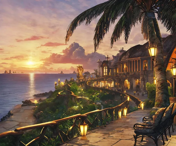 (perfect artwork, masterpiece:1.3), top quality, 8k, digital illustration, (fantasy), sharp focus, inricate, (details), perfect composition <lora:ff8bg-09:1.0>, ff8bg, no humans, outdoors, building, ocean, seaside village, tropical, architecture, sandstone, volumetric lighting, bloom, (scenery), seabreeze, palm tree, (contemporary), futuristic