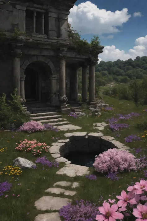 (Masterpiece, Best Quality), highres, (8k resolution wallpaper), dutch angle, ff8bg, full background, <lora:ff8bg-09:0.9>, wide shot, fantasy, landscape, beautiful, outdoors, (details:1.2), water, (no humans), spring \(season\), nature, flowers, sharp focus, shadow, (deep depth of field), volumetric lighting, sunlight, day, extremely detailed background, fantastic, ancient ruins, mysterious