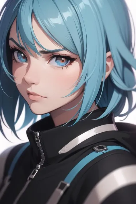 full shot of rimuru tempest, sky blue straight hair, long bangs, with amber eyes, wearing a fancy black jacket, high collar, ultra detailed, brush strokes, digital painting, cinematic, wlop artstation, closeup, pixiv, intense, intimidating glare, photorealistic, overpowering, makoto shinkai, rossdraws, andy warhol