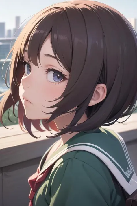 anime fine details portrait of school girl in front of modern tokyo city landscape on the background deep bokeh, close-up view, anime masterpiece by Studio Ghibli, 8k, sharp high quality anime, artstation