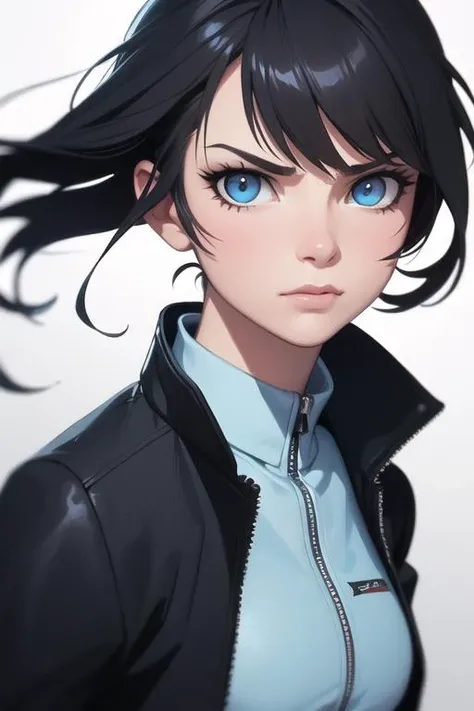 full shot of rimuru tempest, sky blue straight hair, long bangs, with amber eyes, wearing a fancy black jacket, high collar, ultra detailed, brush strokes, digital painting, cinematic, wlop artstation, closeup, pixiv, intense, intimidating glare, photorealistic, overpowering, makoto shinkai, rossdraws, andy warhol