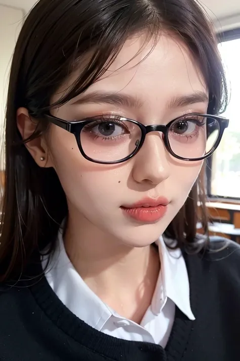 masterpiece,best quality,girl,Head Close-up,(skin texture),in the classroom,wearing glasses,Teacher's Uniform,Real people,