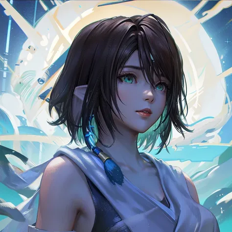 1girl,yuna(ffx),green left eye, blue right eye,Blue long tassel earrings, Silhouette light,backgroundglow