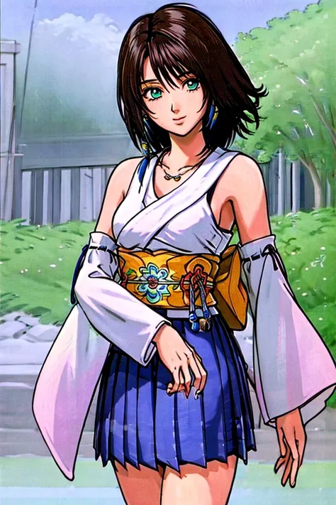 masterpiece, 1girl,yuna(ffx),green left eye, blue right eye,Blue long tassel earrings, cowboy shot, standing,Short brown hair, green left eye, blue right eye,Blue long tassel earrings, necklace, Yellow kimono belt,White pink kimono, white top, sleeves,Blue pleated skirt, black boots, heterochomia,
<lora:Char - YunaFF10:0.5> <lora:Style - 90s:0.6> 90s style, 90s feel,