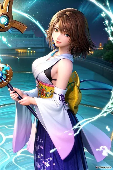 masterpiece, 1girl,yuna(ffx),green left eye, blue right eye,Blue long tassel earrings, Silhouette light,heterochomia,
detailed background, river, <lora:Char - YunaFF10:0.7>
face focus, detailed eyes, cowboy shot, smile, standing on water, staff,