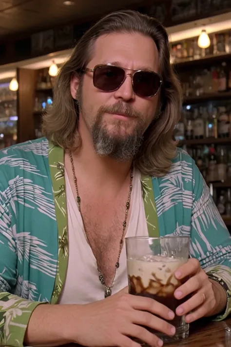 thedud3 drinking a white russian drink in a bar, wearing a long (Hawaii shirt with prints:1.3), cardigan, sunglasses, 16k, uhd, dslr, insane details, detailed skin, detailed face, <lora:thedud3SDXLv2:0.8>