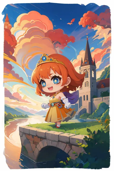 masterpiece, best quality, dqLaura, tiara, orange hair, necklace, yellow dress, elbow gloves, chibi, border, sky, clouds, :D, castle, bridge, river <lora:dqlaura-nvwls-v1-000010:0.9> <lora:style_onmyoji-20:1>