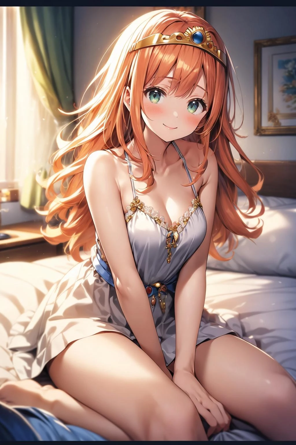 masterpiece, best quality, dqLaura, tiara, orange hair, white camisole, looking at viewer, smile, bedroom, bed, sitting <lora:dqlaura-nvwls-v1-000010:0.9>