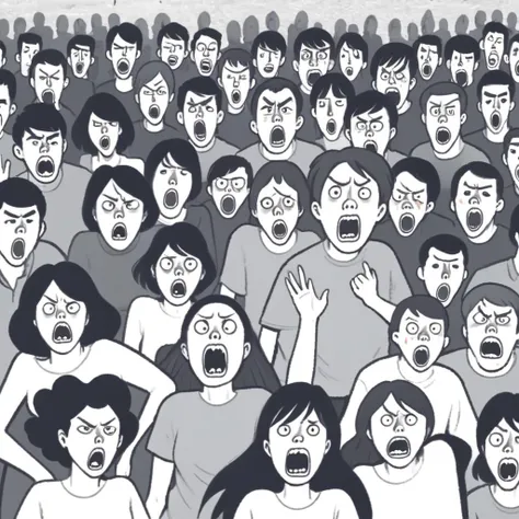 Grayscale,cartoon,Panic and screaming people, <lora:pingunuldoll:0.8>