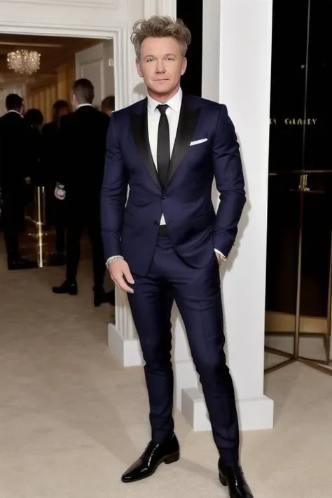 Full body portrait of Gordan Ramsey, fashionable, editorial-style, featured in Vanity Fair, glamorous, high-end clothing, posh accessories, sleek makeup application