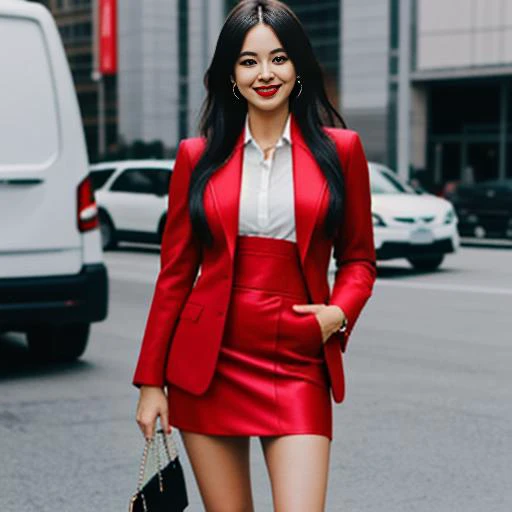 6. She wore a red business suit with a black skirt. The red jacket added a bright color to the overall look, showing her enthusiastic and confident side.