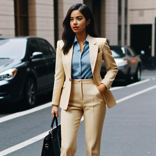 25. The stylish woman effortlessly off a sophisticated and polished look, wearing a tailored pantsuit with a crisp button-down shirt, epitomizing power dressing.