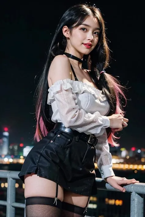 (masterpiece:1.4), (best quality:1.2),(photorealistic:1.4), (extremely intricate:1.2),(sharp focus), RAW, ultra super realistic, (high resolution), 8k UHD, (exquisitely detailed), (dramatic light), (beautiful detailed light), (ultra color), (perfect anatomy), best quality, ultra high definition, (cinematic light), professional lighting, Incredibly detailed, (1girl, 21 year old,kpop idol, dynamic pose, cowboy shot , light makeup, glitter eyeliner, pink lip gloss solo,(long twintail hair:1.4), hair ornament, black micro mini skirt, platform high heels, black fishnet top with lace bra underneith, long sleeves, multicolored hair, hairclip, crop shirt, black choker, black ribbon, jewelry, standing, ribbon, (thigh high fishnet stocking with gaterbelt:1.2), gradient hair, platform footwear, at night Tokyo skyscraper, balcony ,neon lights, night, high above city, height, city back drop background, leaning against railing, overlooking the city, petite body), lustrous white skin, (bright smile:1.3, open smile, perfect teeth, looking at viewer:1.2), (large breast:1.2, clevage), thigh gap, best proportion,(mid body shot:1.2, from below:1.2), <lora:koreaface15:0.8>,