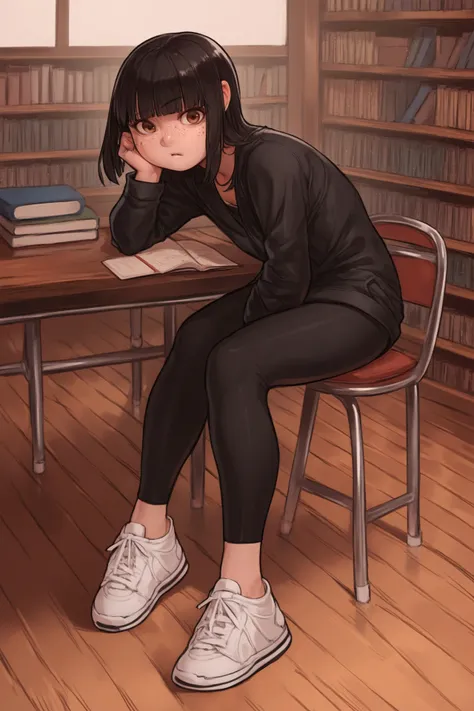 score_9, score_8_up, score_7_up, score_6_up, score_5_up, score_4_up, source_anime, inside, table, chair, library, book on table, wood floor, side view, brown eyes, looking at viewer, confused, raised eyebrow, solo, female, human, black hair, blunt bangs, freckles, small breasts, sitting on chair, black coat, yoga pants, head rest, white sneakers