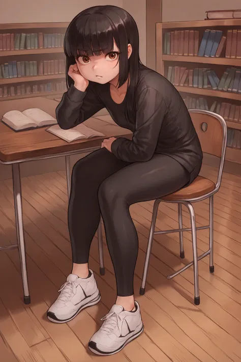 score_9, score_8_up, score_7_up, score_6_up, score_5_up, score_4_up, source_anime, inside, table, chair, library, book on table, wood floor, side view, brown eyes, looking at viewer, confused, raised eyebrow, solo, female, human, black hair, blunt bangs, freckles, small breasts, sitting on chair, black coat, yoga pants, head rest, white sneakers