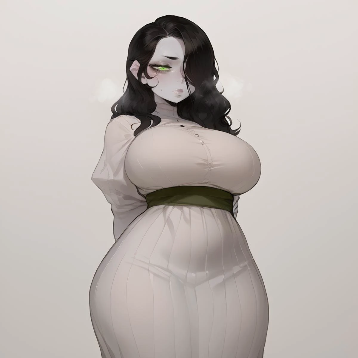 score_9, score_8_up, score_7, score_6, score_5, Score_4, rating_questionable,
1girl, solo, female,dark elf
((pale)), (white skin), (skindentation),
long hair, (black hair), hair over one eye, green eyes,
seductive eyes, glowing eyes,
thick lips,closed mouth,
massive breasts,
thick thighs, long skirt,
standing, default pose,
blank background, empty background,
arms behind back,
<lora:KrekkovLycoXL:0.4> steaming body,
<lora:ratatatat74_mr.skulls_MY_HERO_HAREM_Doujin_Artstyle_PonyXL:0.5>, <lora:Vanillaware_all_in_one_PonyXL_style_v01:0.4>,
<lora:Turtle.Fish.Paint_Hirame_Sensei_Assorted_Doujins_Art_Style_Blend_PonyXL:0.5> <lora:nyantcha_ponyXL_adam8_tags_2500:0.5> nyantcha
<lora:ra1nstyle:1>
<lora:OB-MAnon-XLV1.2:0.6>
<lora:ntl_pdxl:0.6> ntl_style
<lora:MochirangV1:0.2> <lora:moonhaloxl:0.2>
<lora:incase:1>