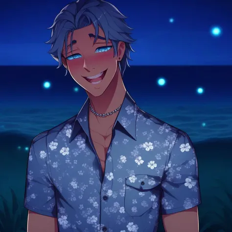 teeth, male swimwear, holding, jewelry, hawaiian shirt, flower, grin, looking at viewer, blue eyes, open mouth, fireflies