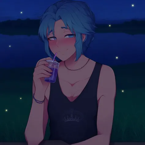 tiara, day, blush, shirt, blue hair, bracelet, drinking straw, dark, tank top, sitting, fireflies