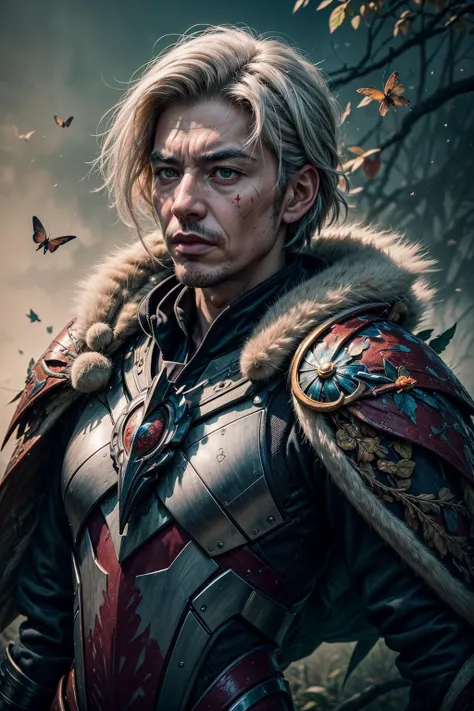 (masterpiece, detailed:1.3), vivid colors, <lora:add_detail:1>,
(1man, old male:1.2), wise, pink eyes, white hair, temp fade,
Style-GravityMagic, portrait, solo, half shot, looking away, detailed background, detailed face, (tribal polynesian theme:1.1) flower-sentinel, nature themed armor, blending of treebark with armor, layered armor, leaves cloak, fused with armor, vigilant, leaf symbols, glowing natural symbols etched in armor, plant overgrowth,particle effects, blossoming rocks in background, spring, butterflies, wind blowing, shadowy backdrop, eerie atmosphere,
<lora:StarDust:0.6>,