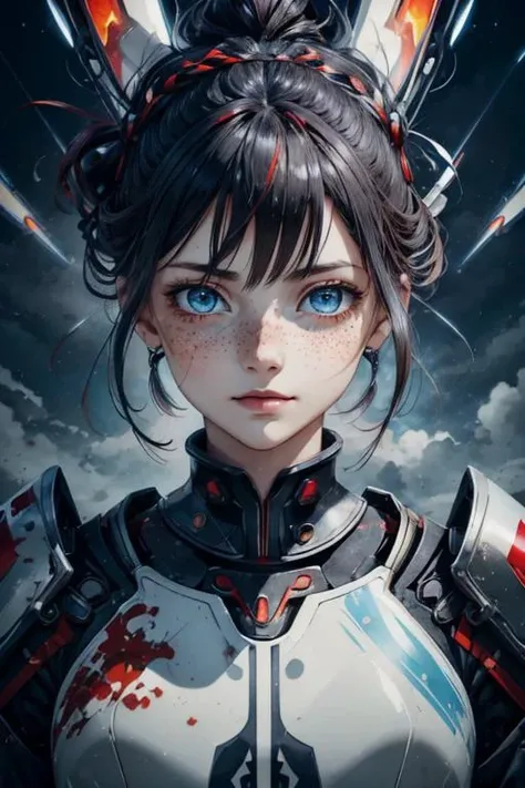 maximum details, cinematic, (abstract art:1.1), dark theme,  deep shadow, <lora:add_detail:0.5>, <lora:epi_noiseoffset2:0.5>,
1 girl, adult [russian:japanese:0.3] woman, freckles, light blue eyes, auburn updo hairstyle, 
portrait, (bloody scars:0.7), looking up, solo, (full body:0.6), detailed background, ( theme:1.1), angelic face, determined smile, holy crusader,  floating wisps, red steel  armor,  coat of arms,  divine blessing,   bright clouds, illuminated by beacon of light, 0.5::reflections, burning village,  protective divine barrier, 
<lora:StarDust:0.6>,