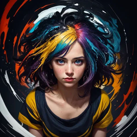Extreme quality, CG, woman amidst an explosion of paint, (primary colors:1.2), dramatic, movement, dynamic, swirls, splatters, droplets, colorful chaos, in the style of Damien Hirst, fisheye lens view,