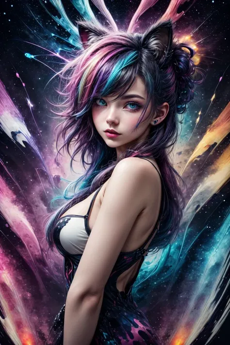 Close-up of a woman with multicolored hair and a necklace, Anime girl with cosmic hair, The Soft Vitality of Rossdraws, Guvez style artwork, fantasy art style, Colorful], Bright fantasy style, Cartoon Rossdraws is full of vitality, cosmic and colorful, guweiz, colorful digital fantasy art, stunning art style, beautiful anime style, Full Body Lighting, skin brightening, sexy expression