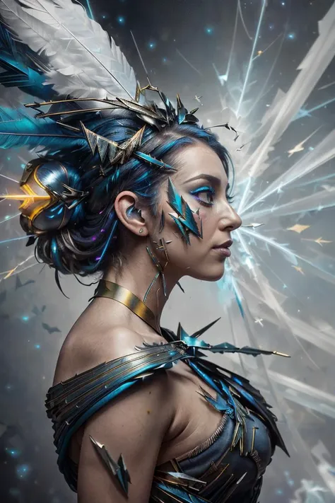 (analog photo:1.2),((dynamic pose:1.2),(dynamic camera,art retouch),(waist-length portrait, a woman wearing a blue turba with colorful feathers),(long wind floating hair),posing for fashion,(look to camera),(intricate (metal shards) volumetric glowing abstract background:1.3), in the style of intimacy, dreamscape portraiture, solarization, shiny kitsch pop art, solarization effect, reflections and mirroring, photobash, (composition centering, conceptual photography), (natural colors, correct white balance, color correction, dehaze,clarity),(skin texture) <lora:StarDust:0.6> stardust),(midnight hour, high quality, film grain), (natural colors, correct white balance, color correction, dehaze,clarity)