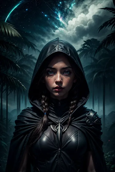 (masterpiece, detailed:1.3), vivid colors, <lora:add_detail:1>,
1 girl, adult woman, freckles, coral eyes, black braided hairstyle,
solo, (full body:0.6), looking at viewer, detailed background, detailed face, (tropical jungle theme:1.1), dark eyes, dark shadow-hunter, agent of oblivion, , shadow guardian, cloak, hood, sleek dark black leather armour, haunting presence, vanishing into shadows, shadow manipulation, evil magical glyphs, dark blade, shadowy dark altar in background, dark color scheme, starry night sky, echoing whispers, ethereal atmosphere,
<lora:StarDust:0.6>,