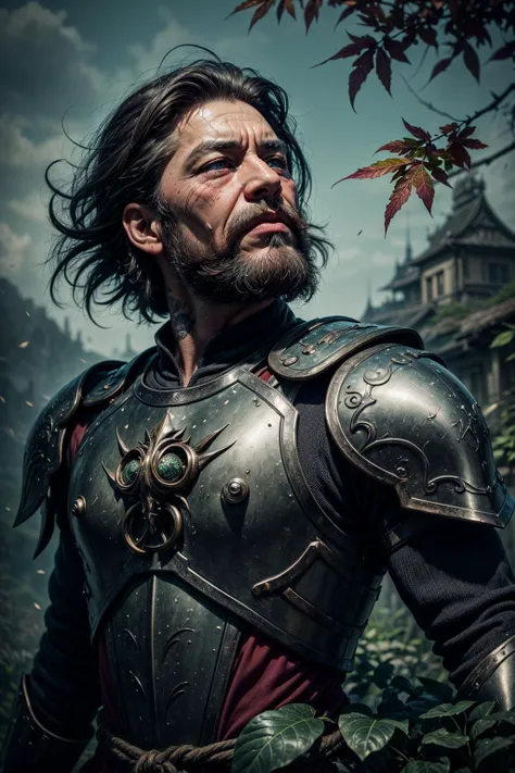 (masterpiece, detailed:1.3), vivid colors, <lora:add_detail:1>,
(1man, wrinkled face, old male:1.2), frail, aquamarine eyes, gray hair, fade with beard,
solo, upper body, looking up, detailed background, detailed face, (feudal japan theme:1.1) glowing eyes, verdant-fighter, natural armor, infusion of vines with armor, rusted armor, leaves magical talisman, creeping on armor, green magical lights, walking, graceful, natural tattoos, bright green magical runes on armor, magical energy, plant overgrowth, castle left to nature in background, magical wisps, windblown leaves, backlighting, magical atmosphere,
<lora:StarDust:0.6>,